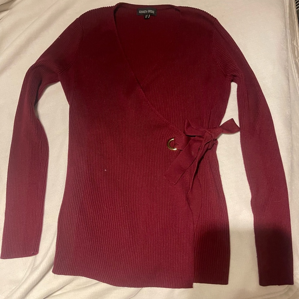 Elegant Burgundy V-Neck Sweater with Tie Detail